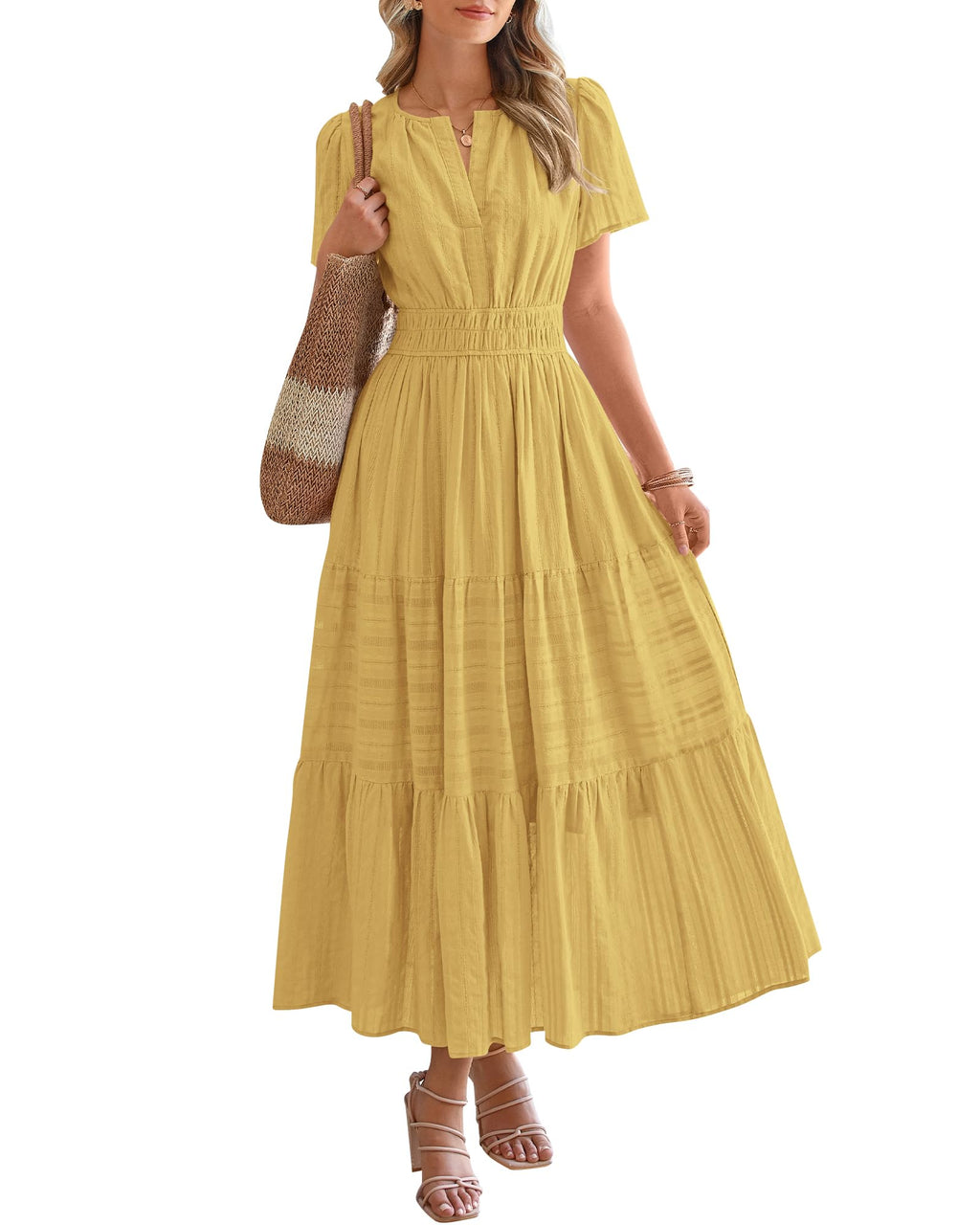 Womens Summer 2026 Casual Maxi Dresses | Lightweight Short Sleeve V Neck,Elastic Waist A Line Long Dress,Boho Beach Dress Pockets,Vacation Outfits,Fashion Clothing