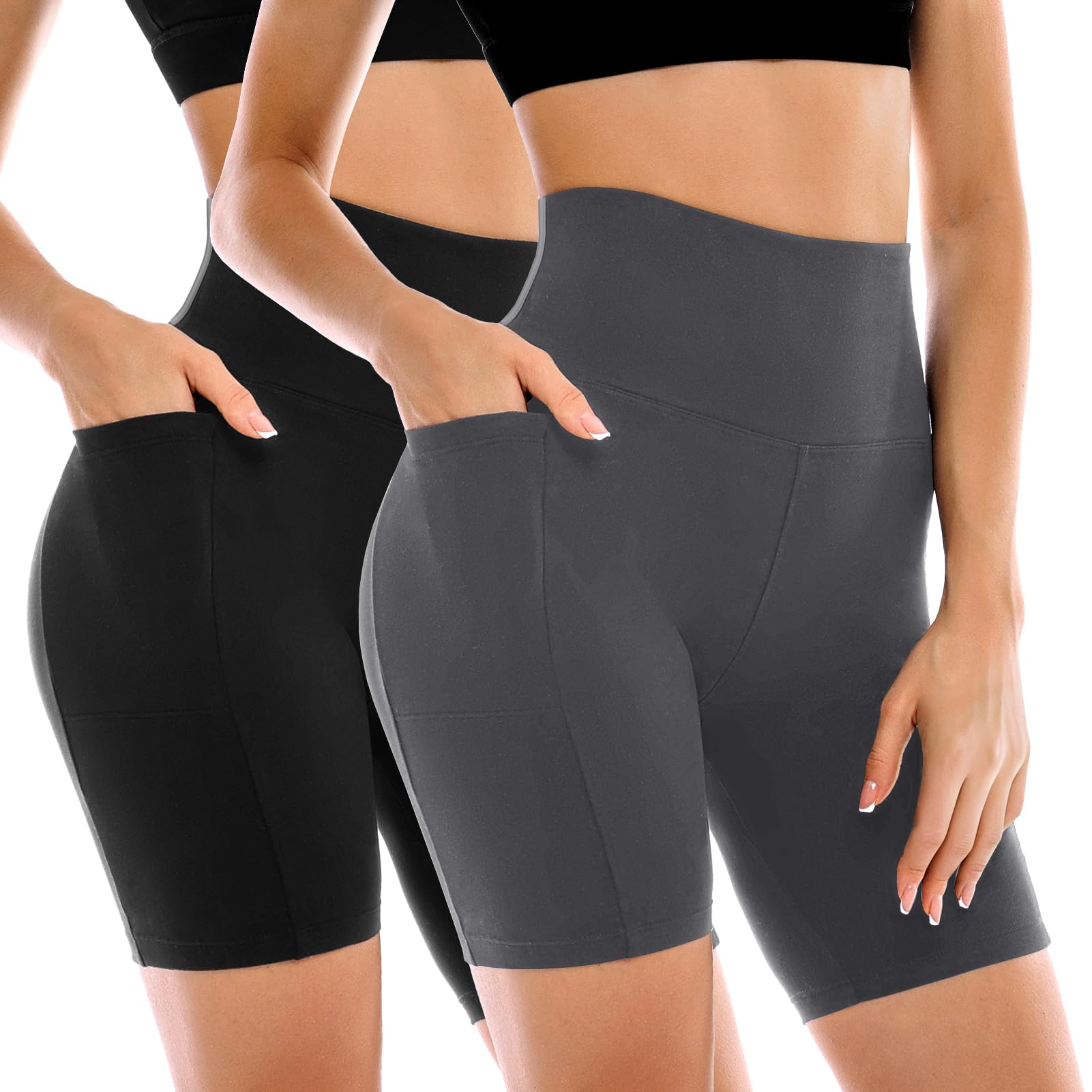 2 Pack Womens Biker Shorts with Pockets 6" | High Waisted, Tummy Control, Running, Gym, Workout, Yoga Shorts