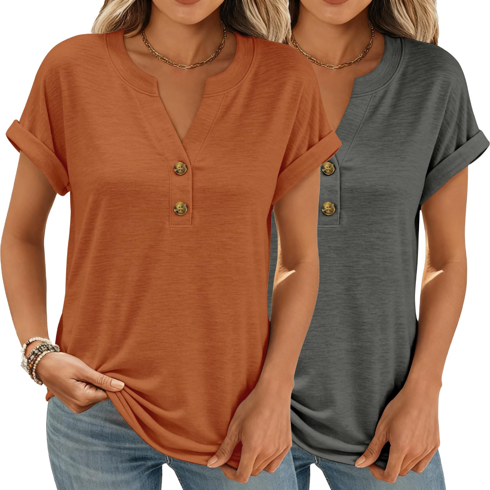 Women Tops Shorts Sleeve Shirts V Neck Henley Tops Trendy Casual T Shirts | Soft Breathable Loose Blouses Tees Outfits Clothes for Spring, Summer, Beach, Vacation, Workout