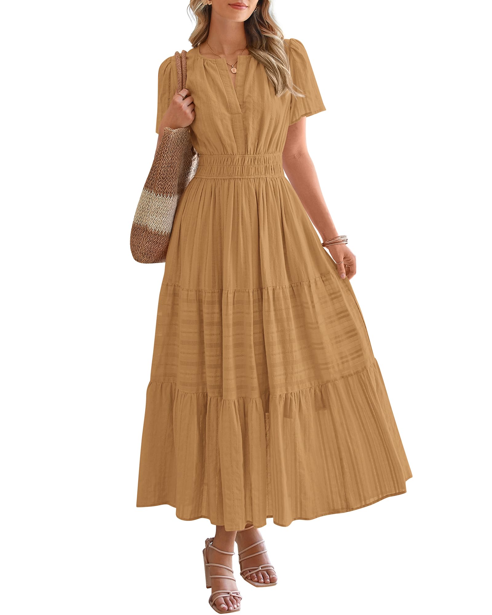 Womens Summer 2026 Casual Maxi Dresses | Lightweight Short Sleeve V Neck,Elastic Waist A Line Long Dress,Boho Beach Dress Pockets,Vacation Outfits,Fashion Clothing