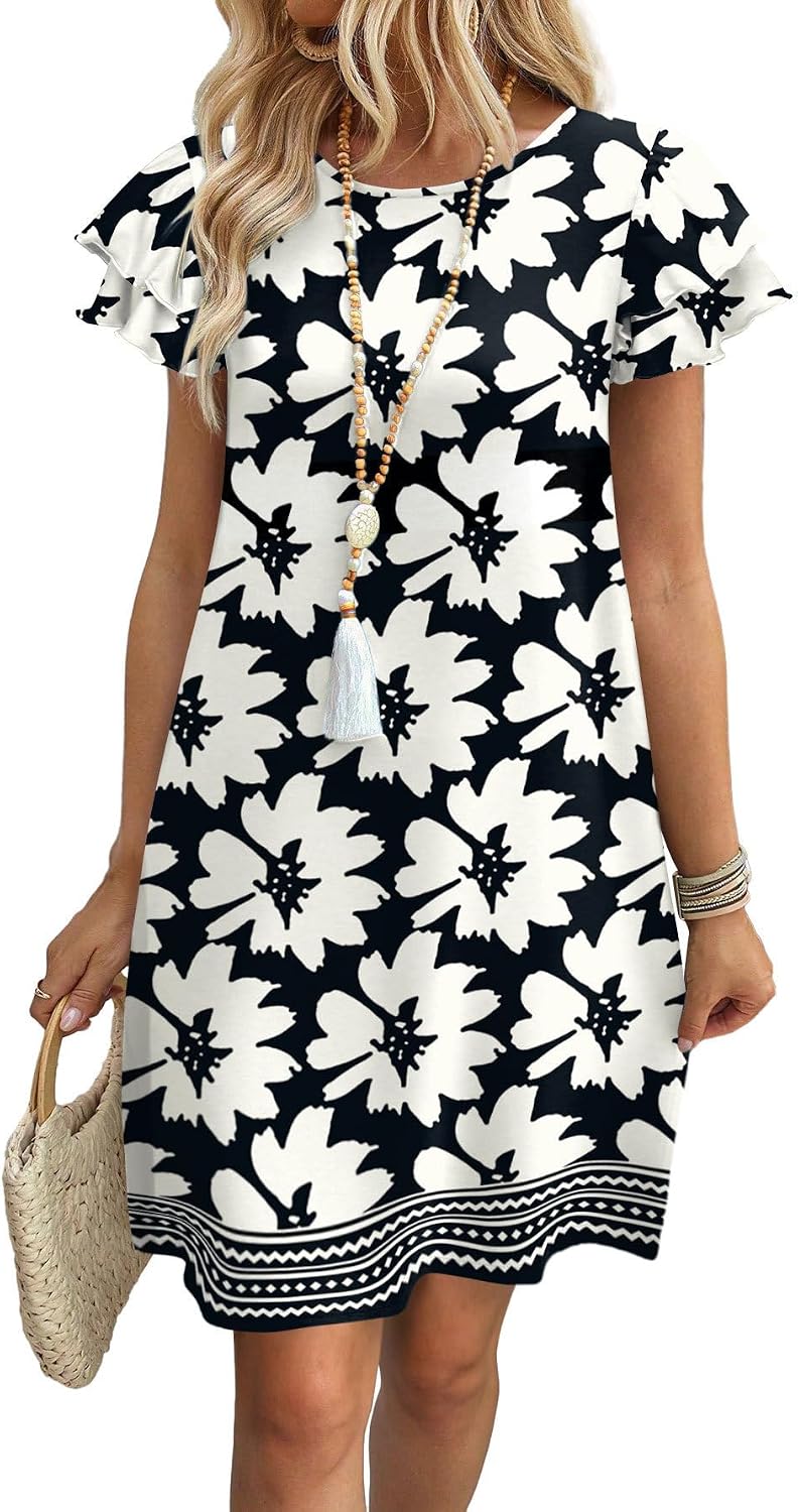 Womens Summer Dresses 2026 Ruffle Sleeve Round Neck Loose Swing Sundresses with Pockets Plain/Print
