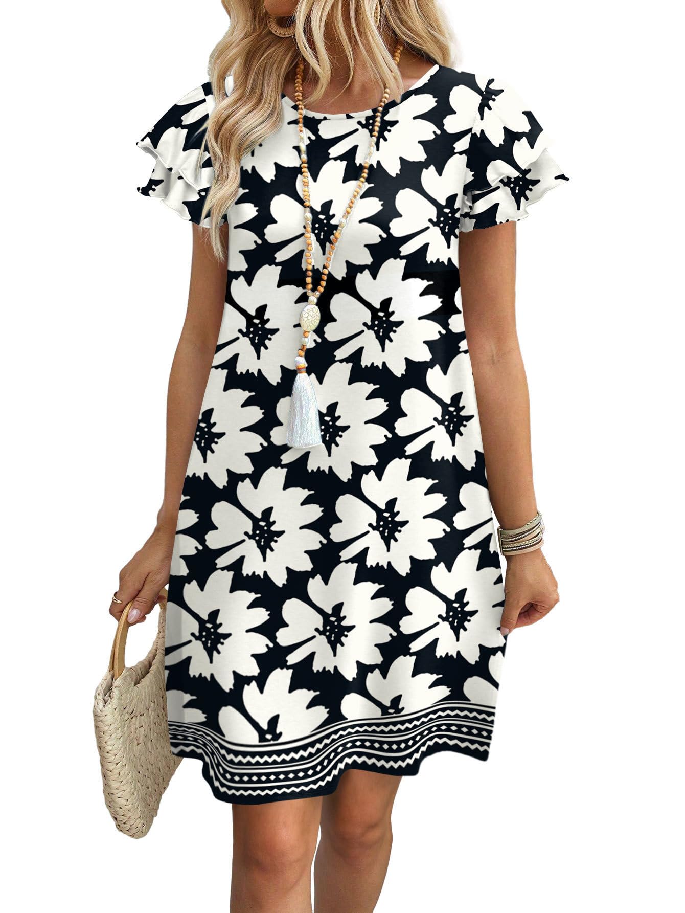 Womens Summer Dresses 2026 Ruffle Sleeve Round Neck Loose Swing Sundresses with Pockets Plain/Print
