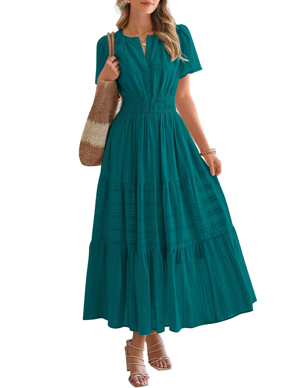 Womens Summer 2026 Casual Maxi Dresses | Lightweight Short Sleeve V Neck,Elastic Waist A Line Long Dress,Boho Beach Dress Pockets,Vacation Outfits,Fashion Clothing
