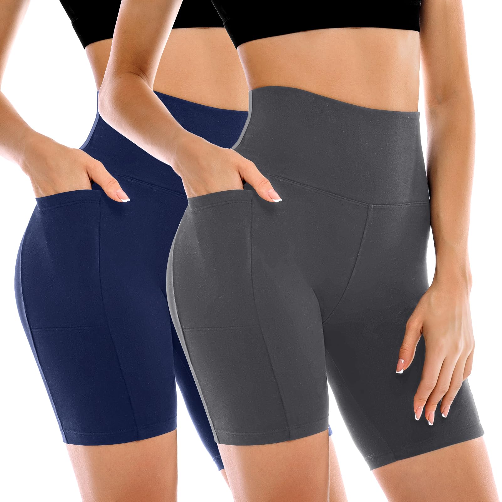 2 Pack Womens Biker Shorts with Pockets 6" | High Waisted, Tummy Control, Running, Gym, Workout, Yoga Shorts