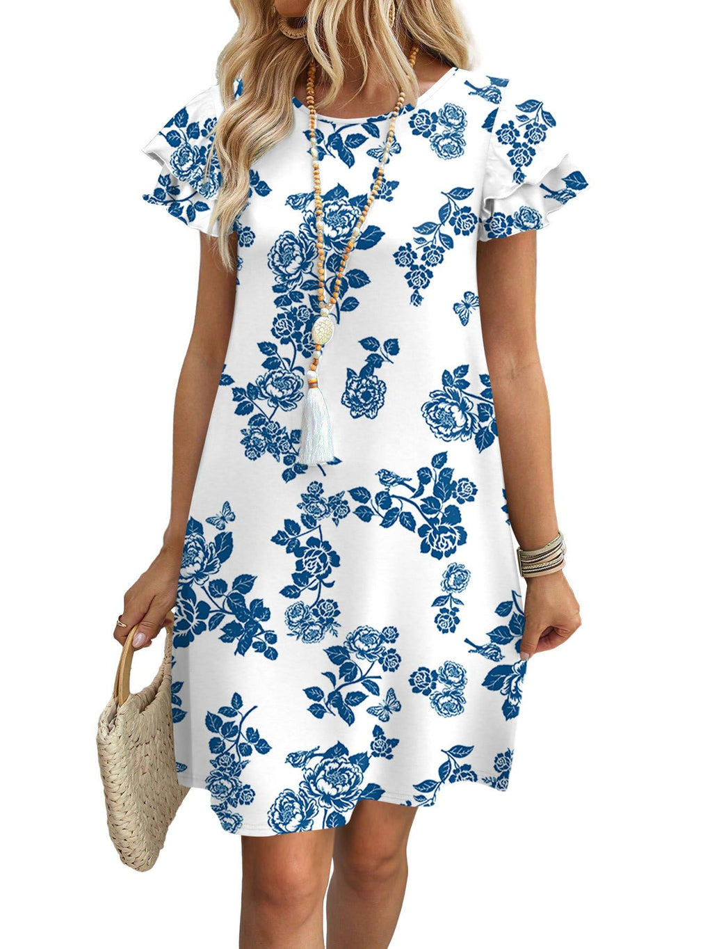 Womens Summer Dresses 2026 Ruffle Sleeve Round Neck Loose Swing Sundresses with Pockets Plain/Print