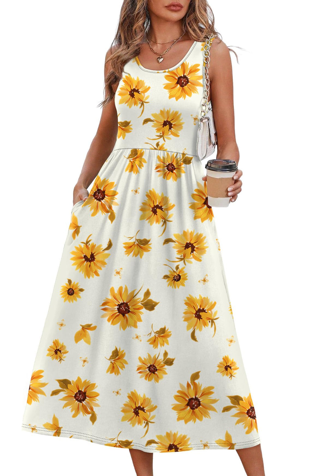 Summer Dresses for Women Flowy Casual Midi Dress Beach Vacation Sundresses with Pockets