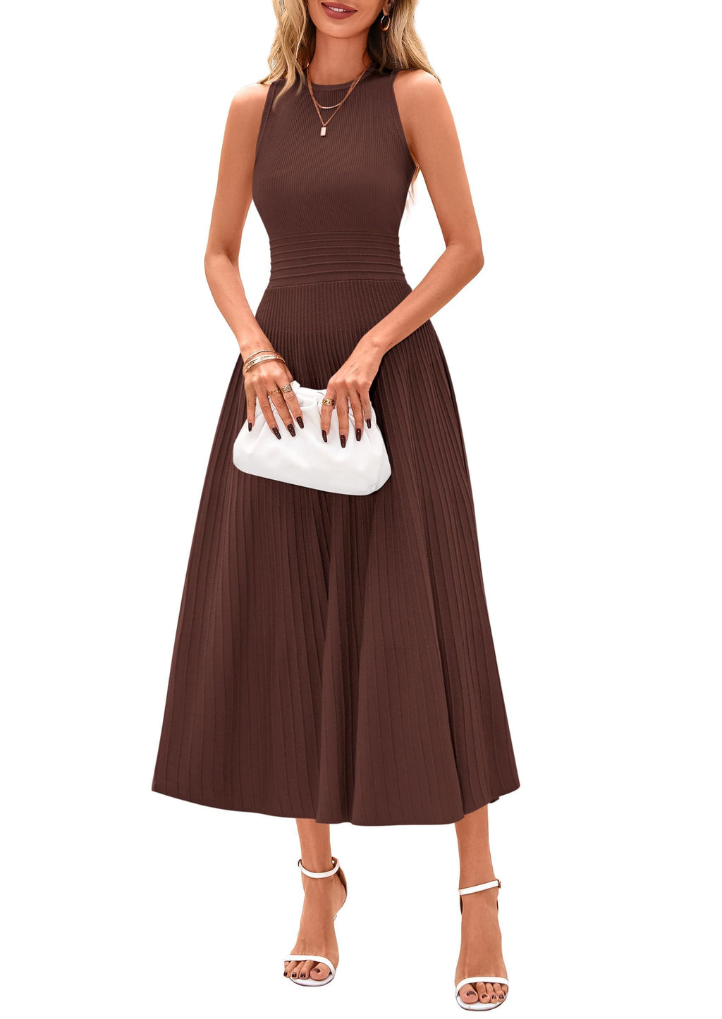 Women's Summer Pleated Midi Work Dress | Sleeveless A Line Knit Business Dresses, Spring Semi Formal Long Dress for Wedding Guest, Cocktail Party, Teacher Outfits