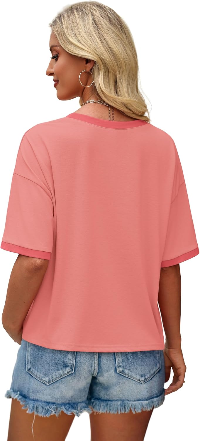 Womens T Shirts Loose Fit Short Half Sleeve Crew Neck Oversized Tshirts Color Block Summer Tops Fashion 2026
