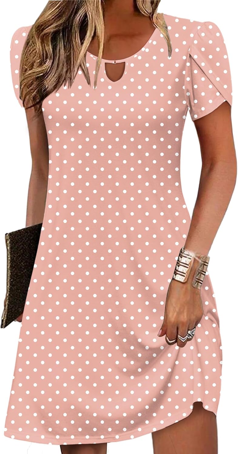 Women's Casual A-Line Dresses with Pockets Summer Floral Tshirt Dress Short Sleeve Mini Dress Flowy Sundresses