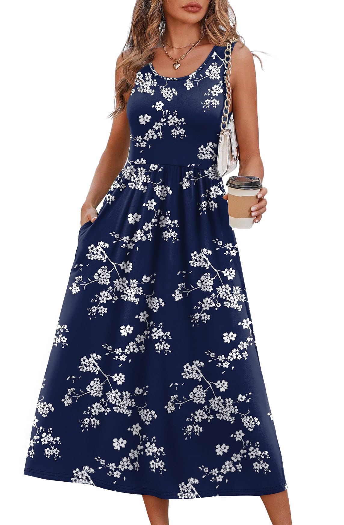 Summer Dresses for Women Flowy Casual Midi Dress Beach Vacation Sundresses with Pockets