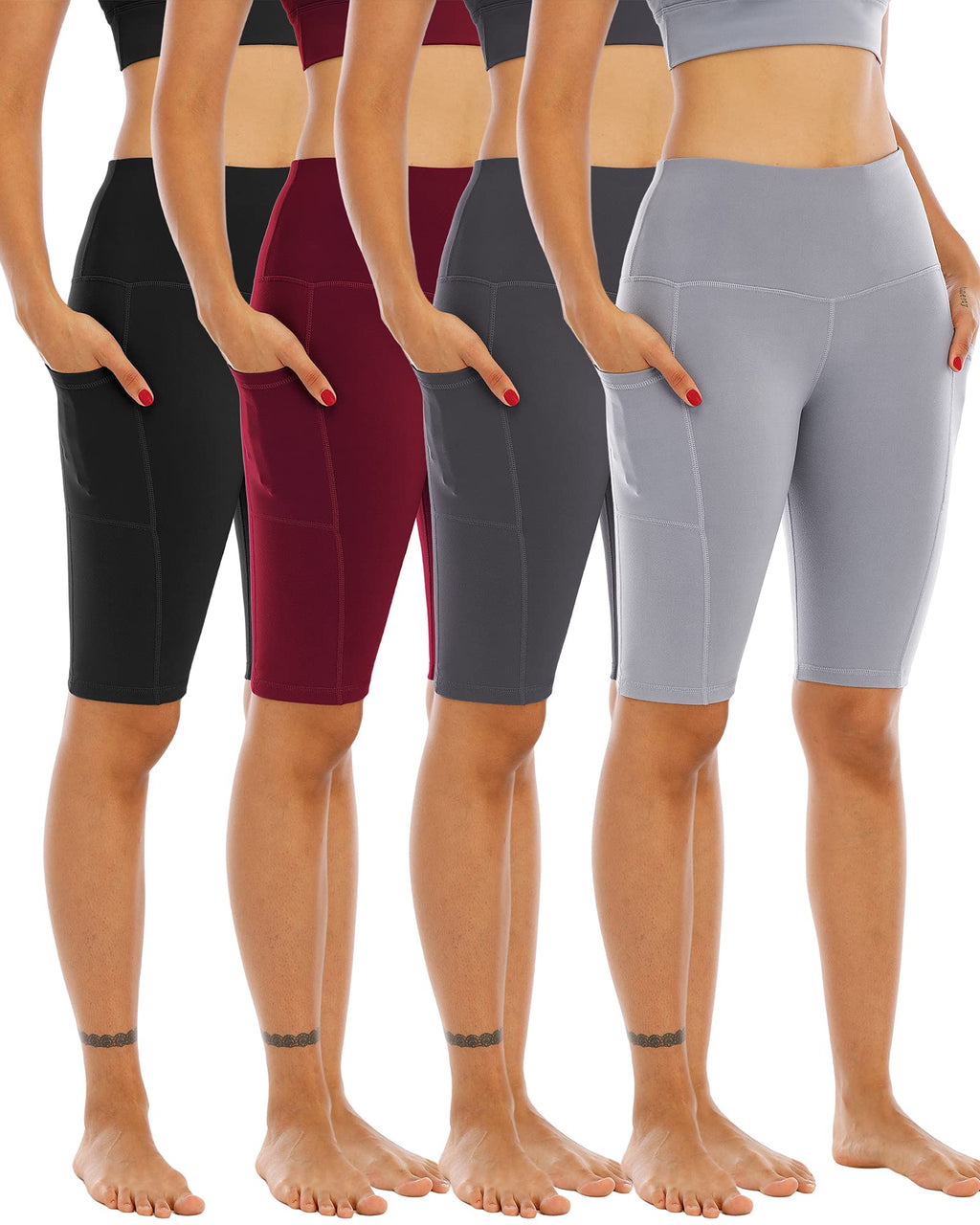 4 Pack Biker Yoga Shorts with Pockets for Women,High Waisted Athletic Running Workout Gym Shorts Tummy Control