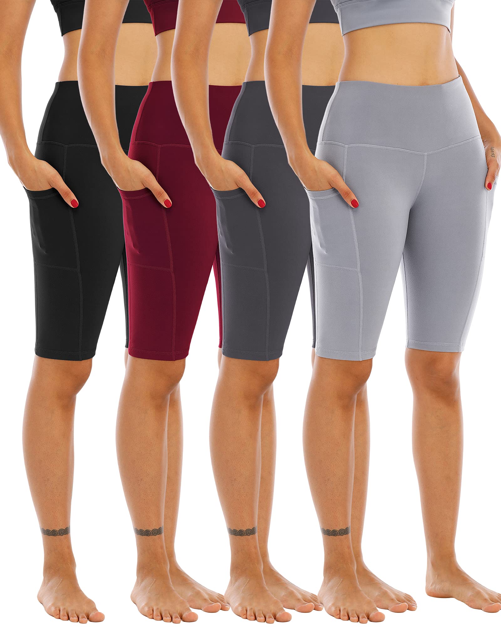 4 Pack Biker Yoga Shorts with Pockets for Women,High Waisted Athletic Running Workout Gym Shorts Tummy Control