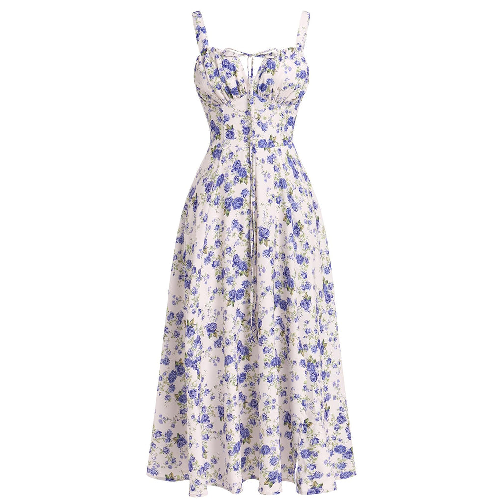 Women Floral Corset Dress Summer Dress 2026 Boho Flowy Slit Lace Up Midi Dresses Going Out A Line Casual Sundress