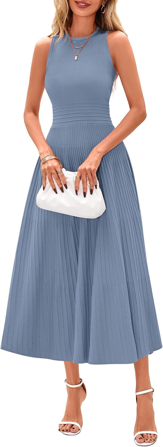 Women's Summer Pleated Midi Work Dress | Sleeveless A Line Knit Business Dresses, Spring Semi Formal Long Dress for Wedding Guest, Cocktail Party, Teacher Outfits