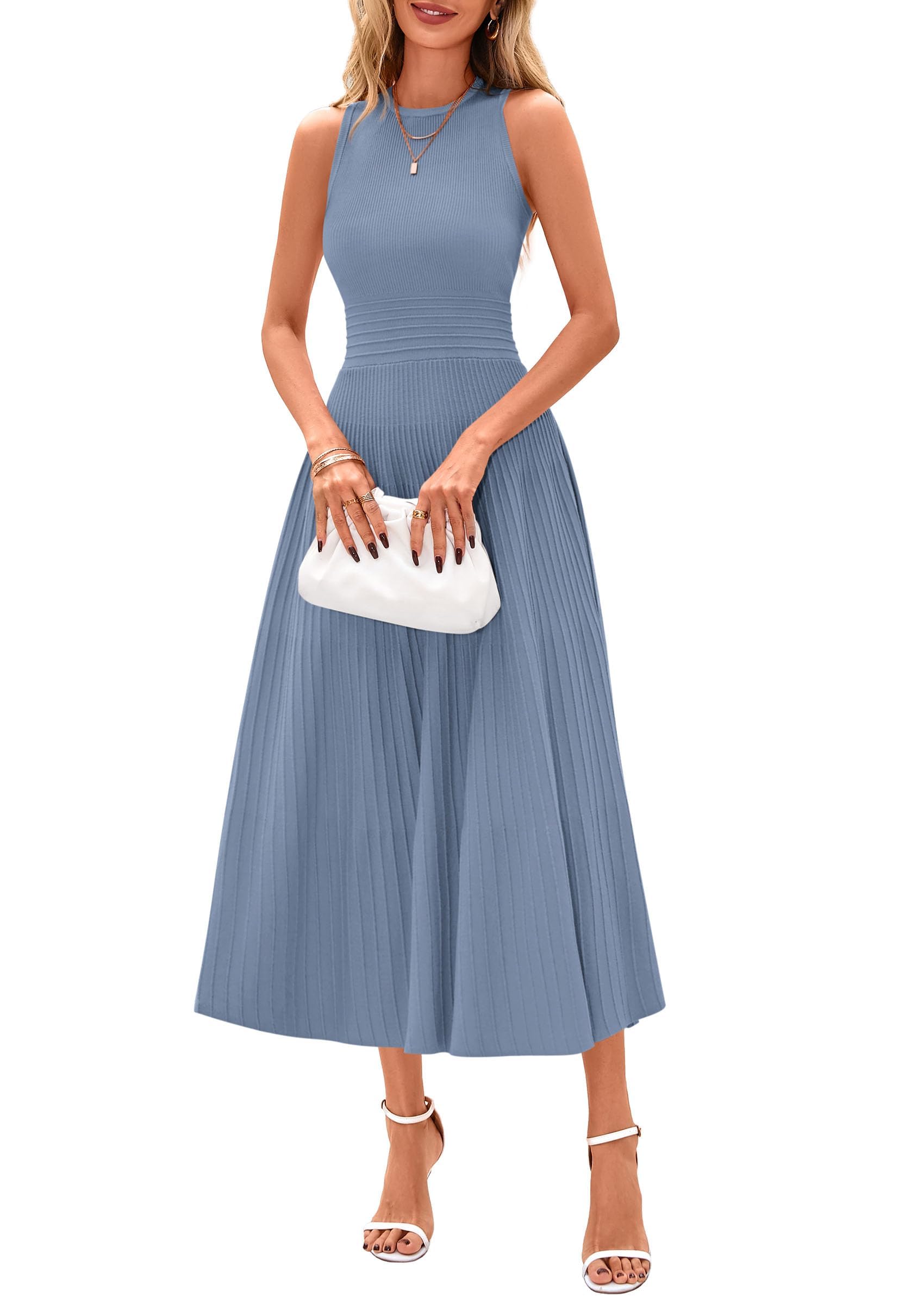 Women's Summer Pleated Midi Work Dress | Sleeveless A Line Knit Business Dresses, Spring Semi Formal Long Dress for Wedding Guest, Cocktail Party, Teacher Outfits