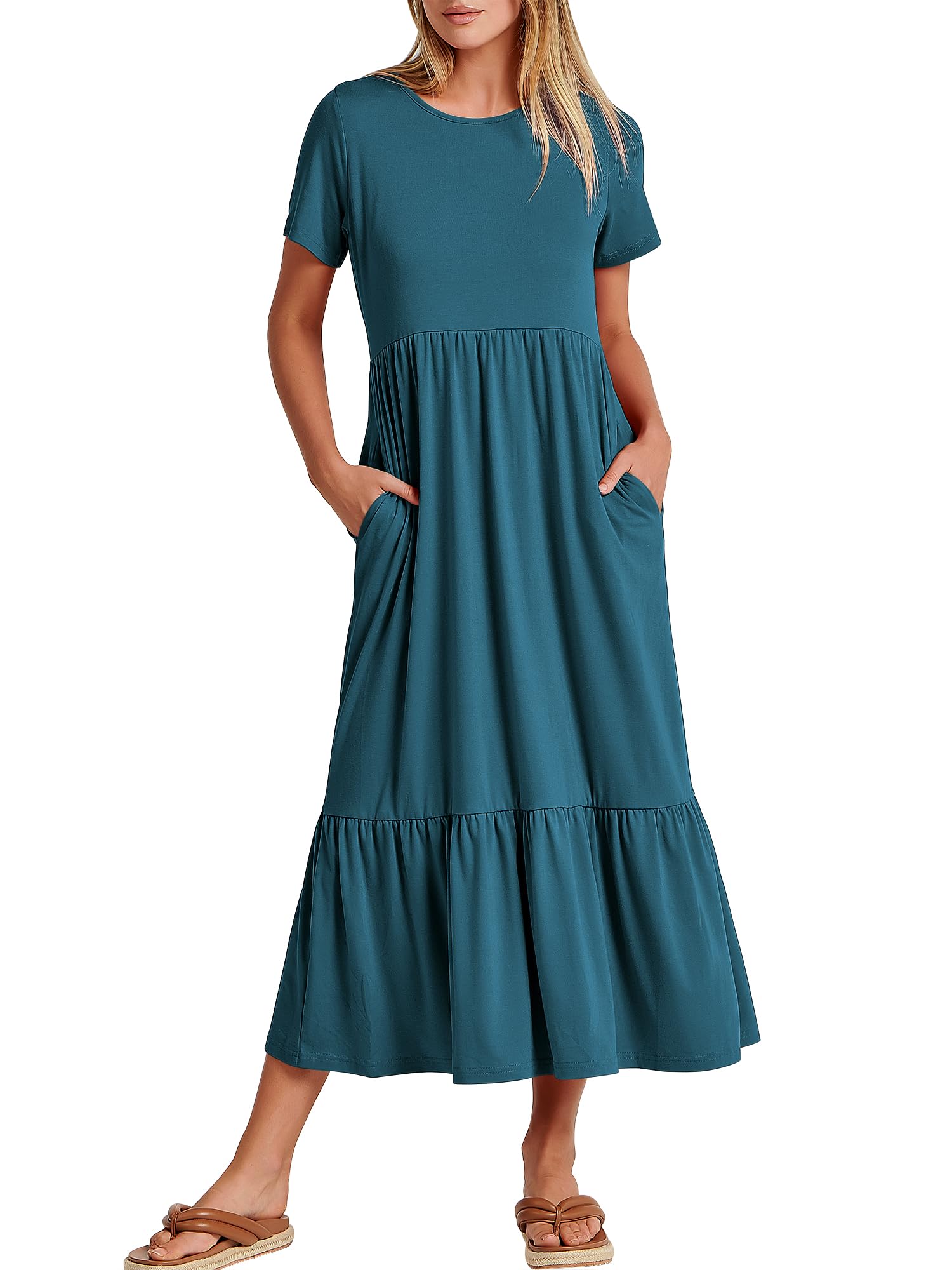 Womens 2026 Summer Casual Maxi Dress A line Tiered Flowy Short Sleeve Crewneck T Shirt Beach Travel Long Dresses
