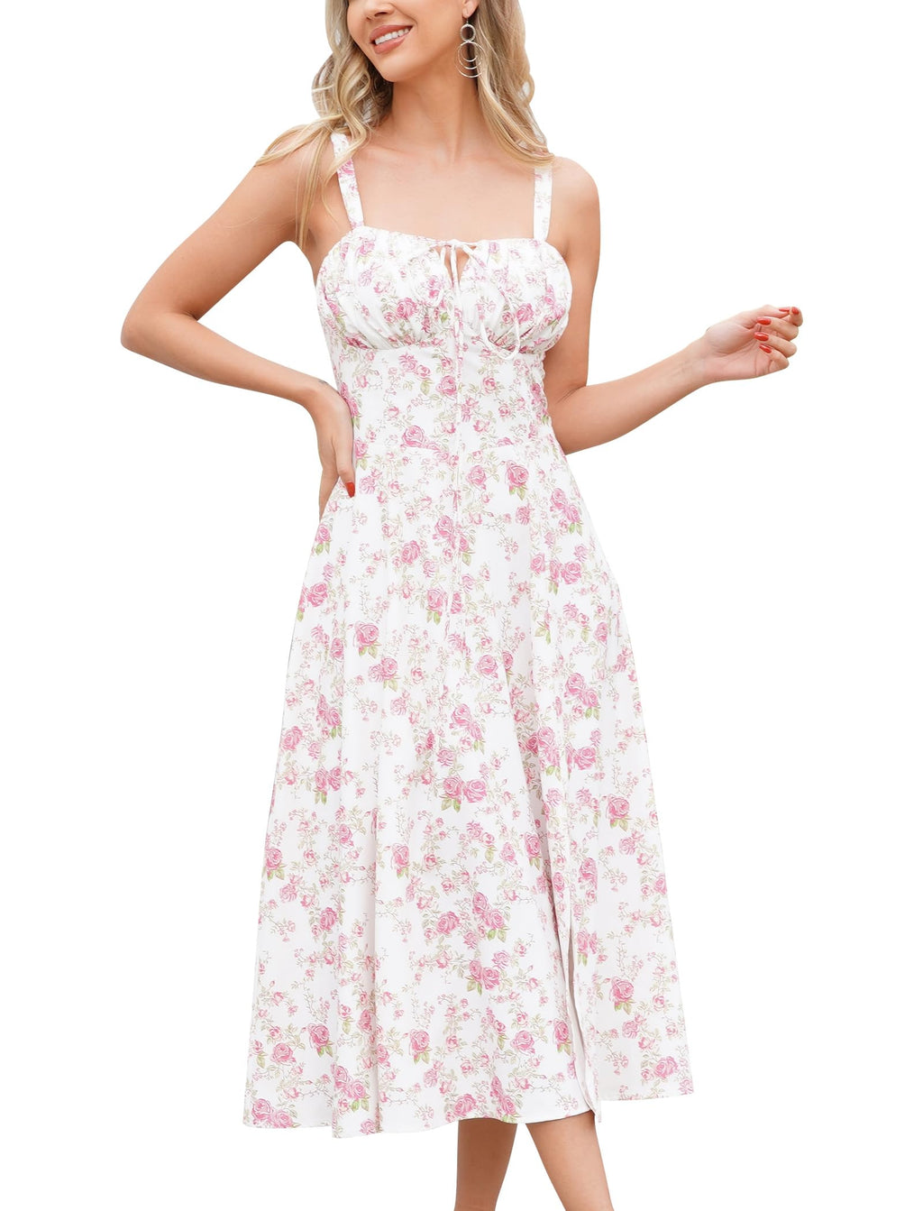 Women Floral Corset Dress Summer Dress 2026 Boho Flowy Slit Lace Up Midi Dresses Going Out A Line Casual Sundress