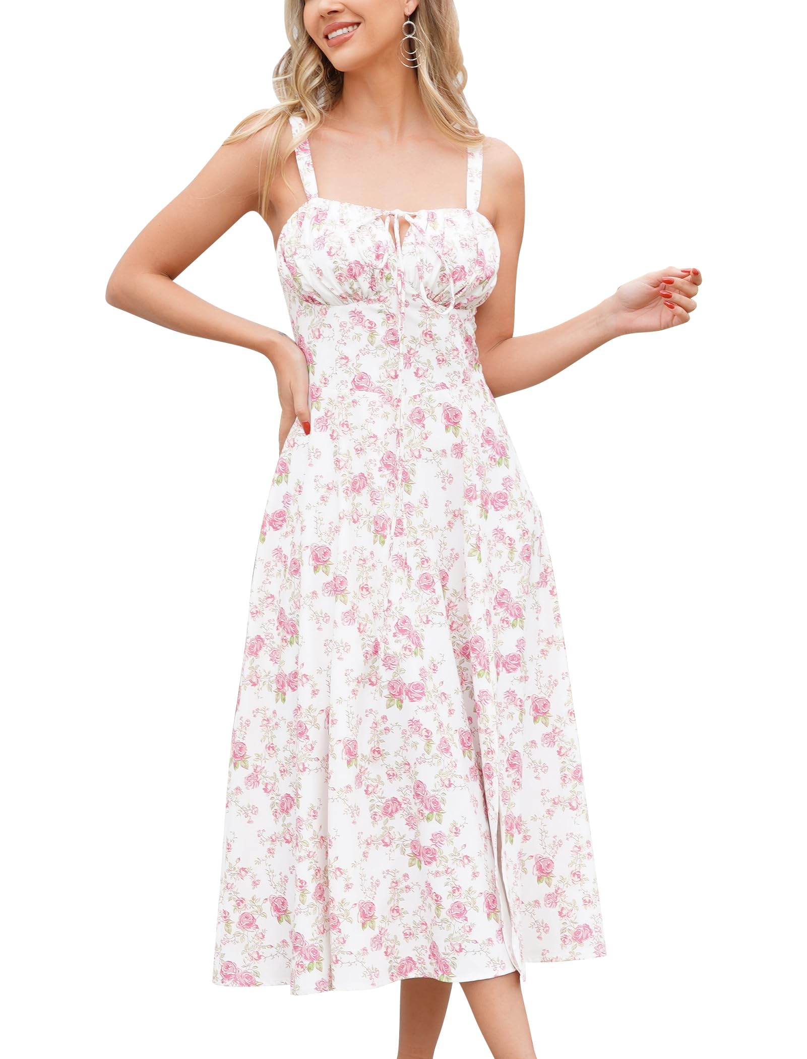 Women Floral Corset Dress Summer Dress 2026 Boho Flowy Slit Lace Up Midi Dresses Going Out A Line Casual Sundress