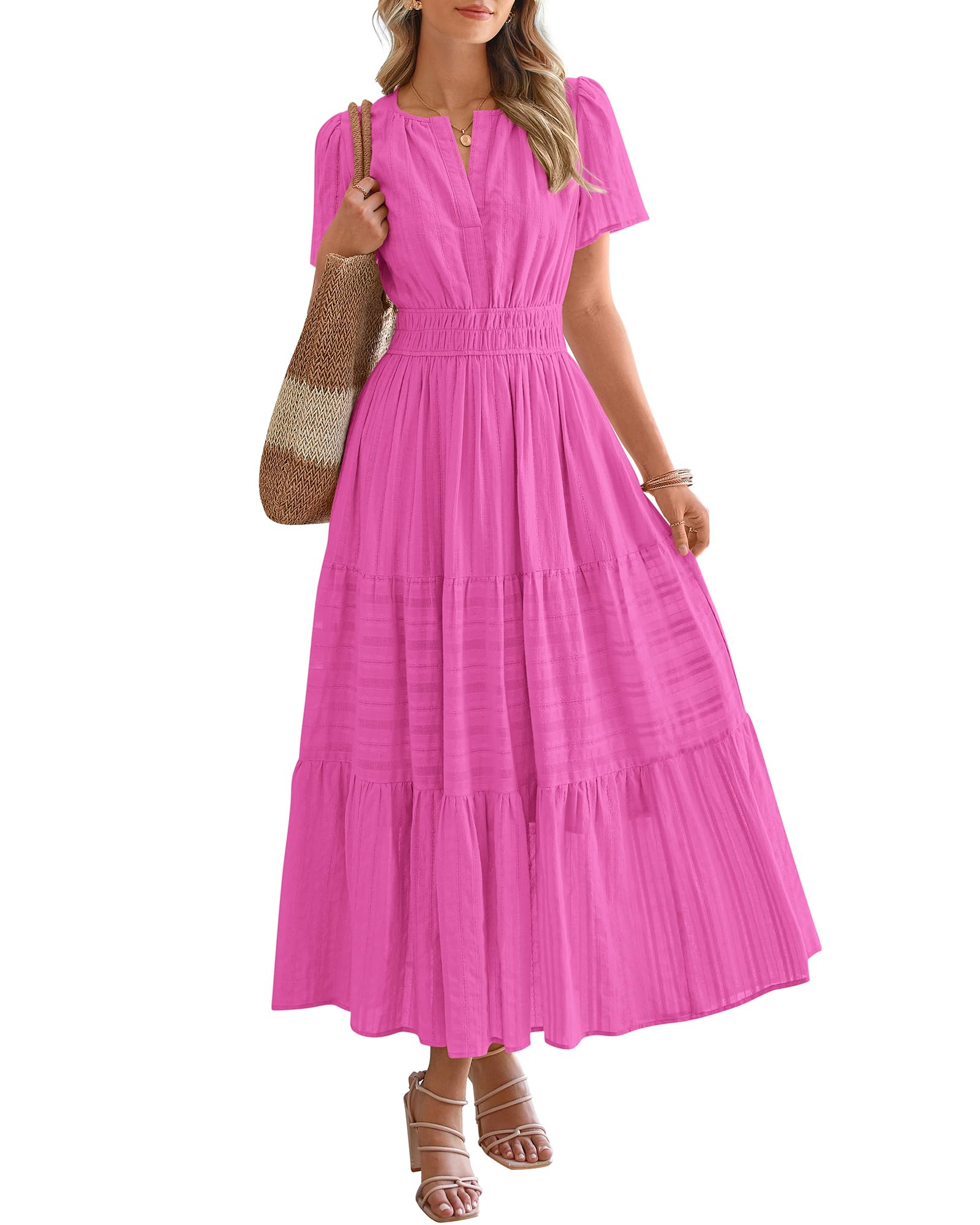Womens Summer 2026 Casual Maxi Dresses | Lightweight Short Sleeve V Neck,Elastic Waist A Line Long Dress,Boho Beach Dress Pockets,Vacation Outfits,Fashion Clothing