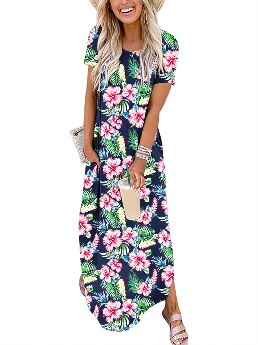 Womens Summer Maxi Dress Short Sleeve Casual Loose Long T Shirt Dresses Split Vacation Beach Sundress Travel Outfits