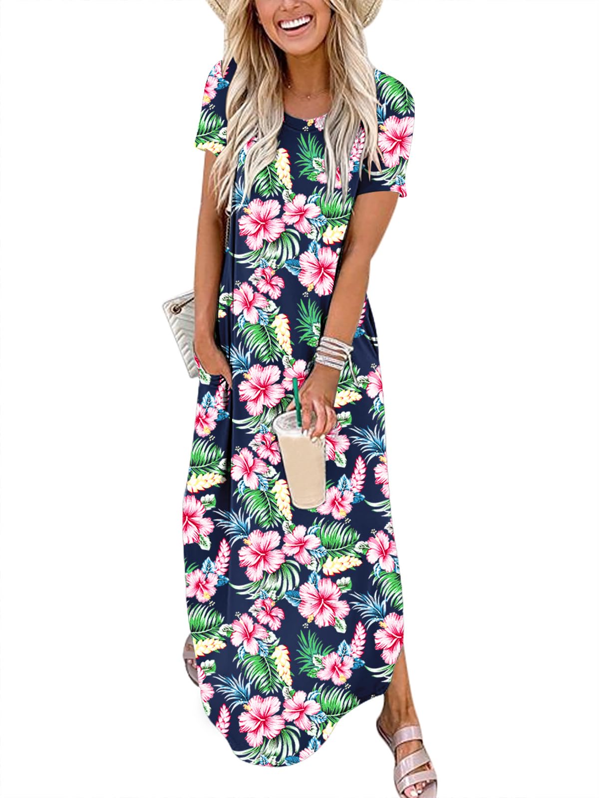 Womens Summer Maxi Dress Short Sleeve Casual Loose Long T Shirt Dresses Split Vacation Beach Sundress Travel Outfits
