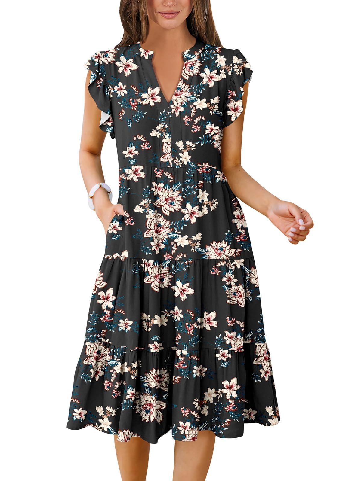 Womens Summer Dress Ruffle Sleeve V Neck Midi Dresses Fashion Casual Fit Flowy Tiered Boho Beach Vacation Sundress