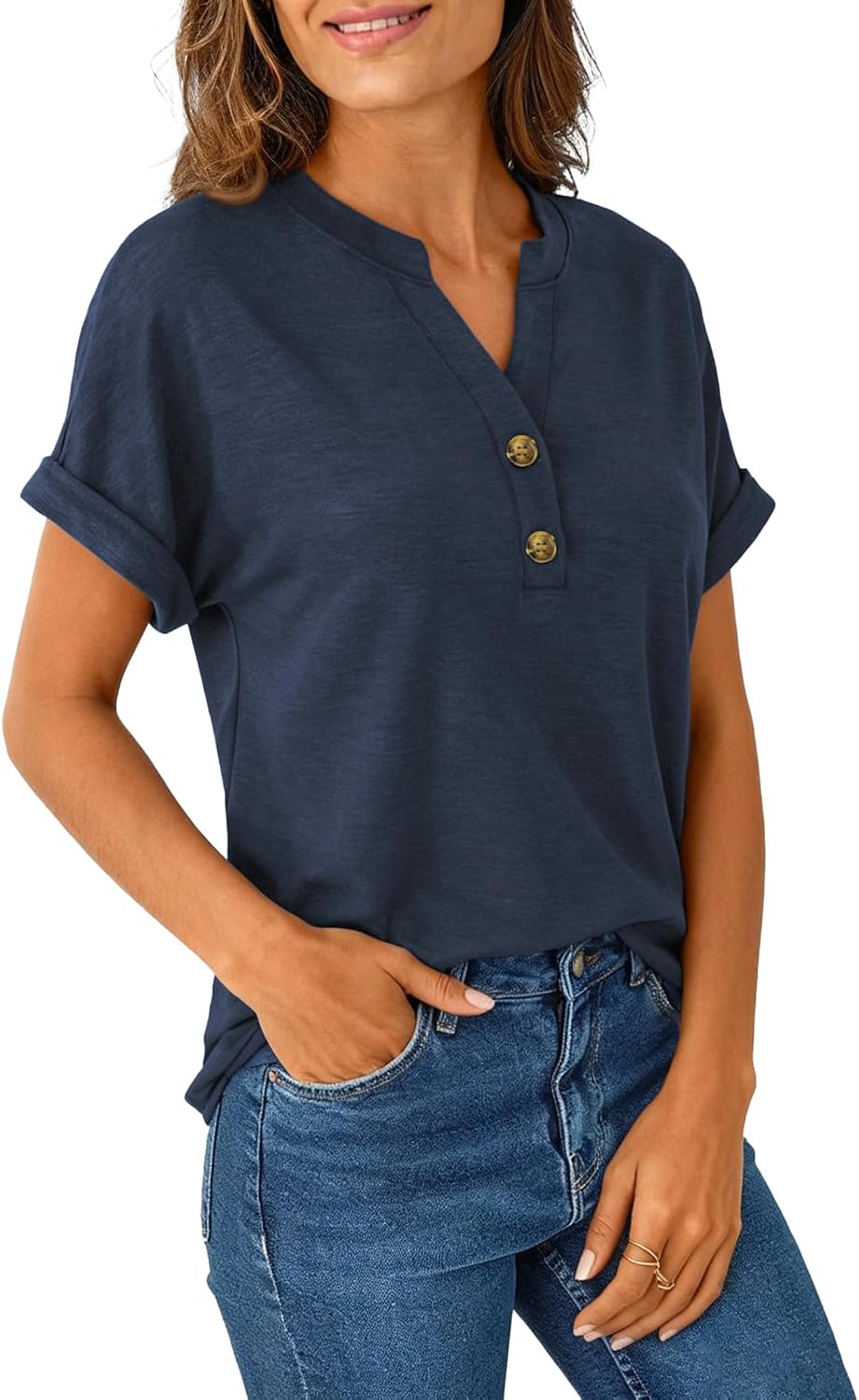 Women Tops Shorts Sleeve Shirts V Neck Henley Tops Trendy Casual T Shirts | Soft Breathable Loose Blouses Tees Outfits Clothes for Spring, Summer, Beach, Vacation, Workout
