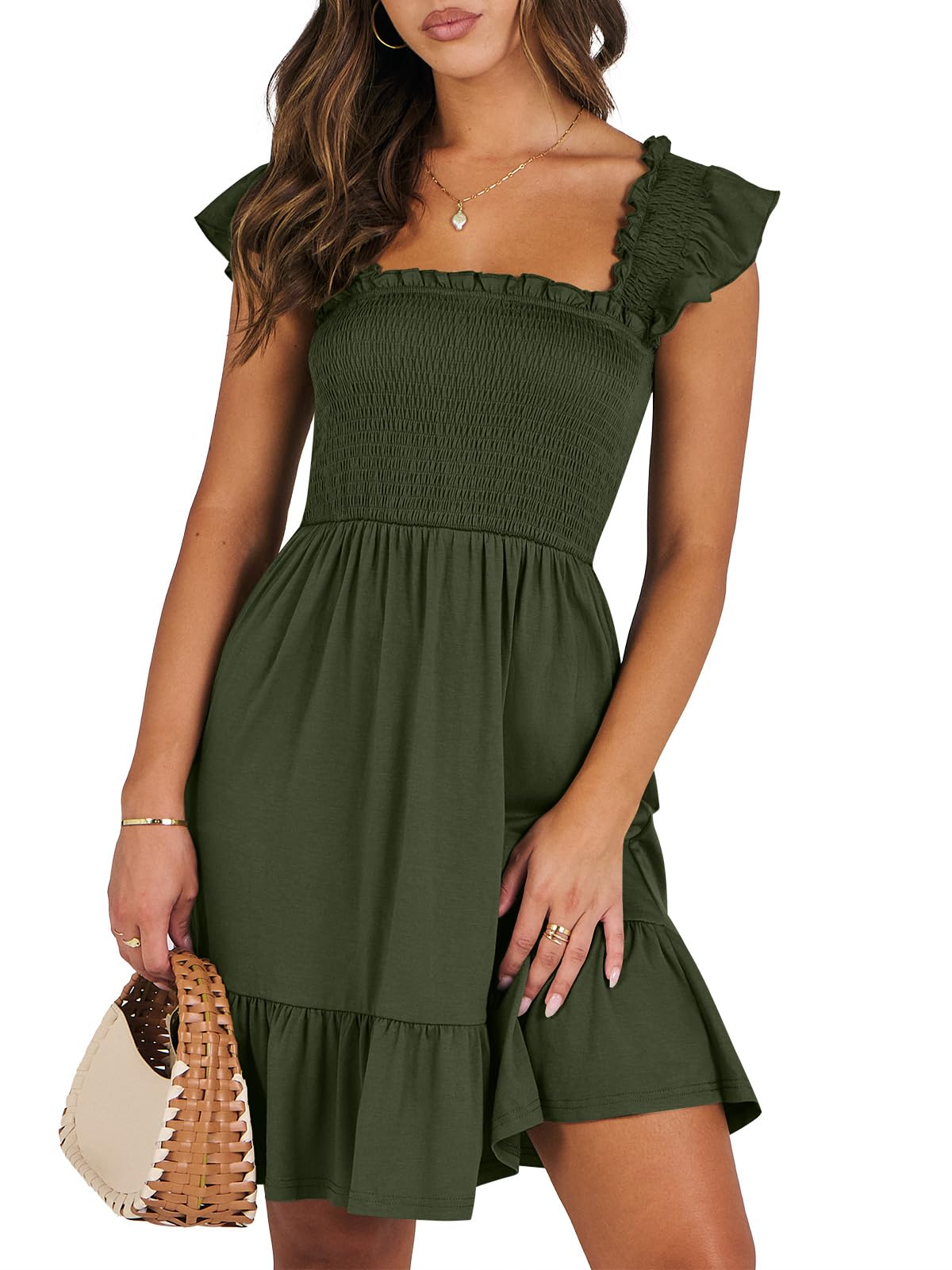 Women's Summer Casual Sleeveless Square Neck Dress 2026 Smocked Ruffle Backless Boho Beach Cute Teen Short Sundress