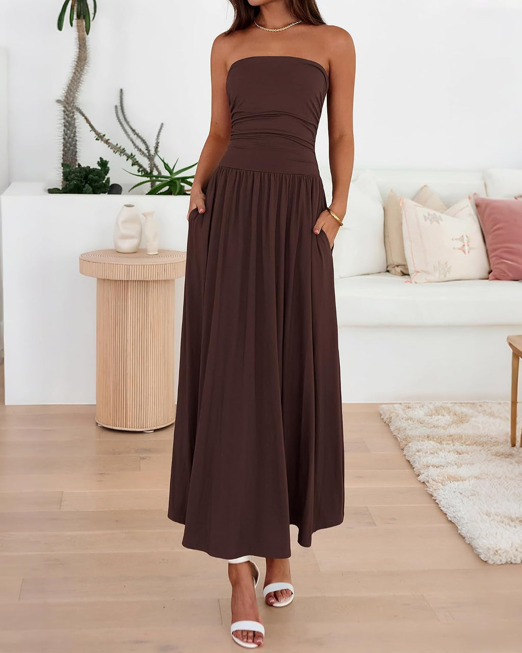 Summer Maxi Dresses for Women Strapless Tube Top Dress | Sleeveless Ruched A Line Dresses Pockets, 2026 Trendy, Flowy Long Sundress, Beach Vacation Cocktail Party Wedding Guest Dress