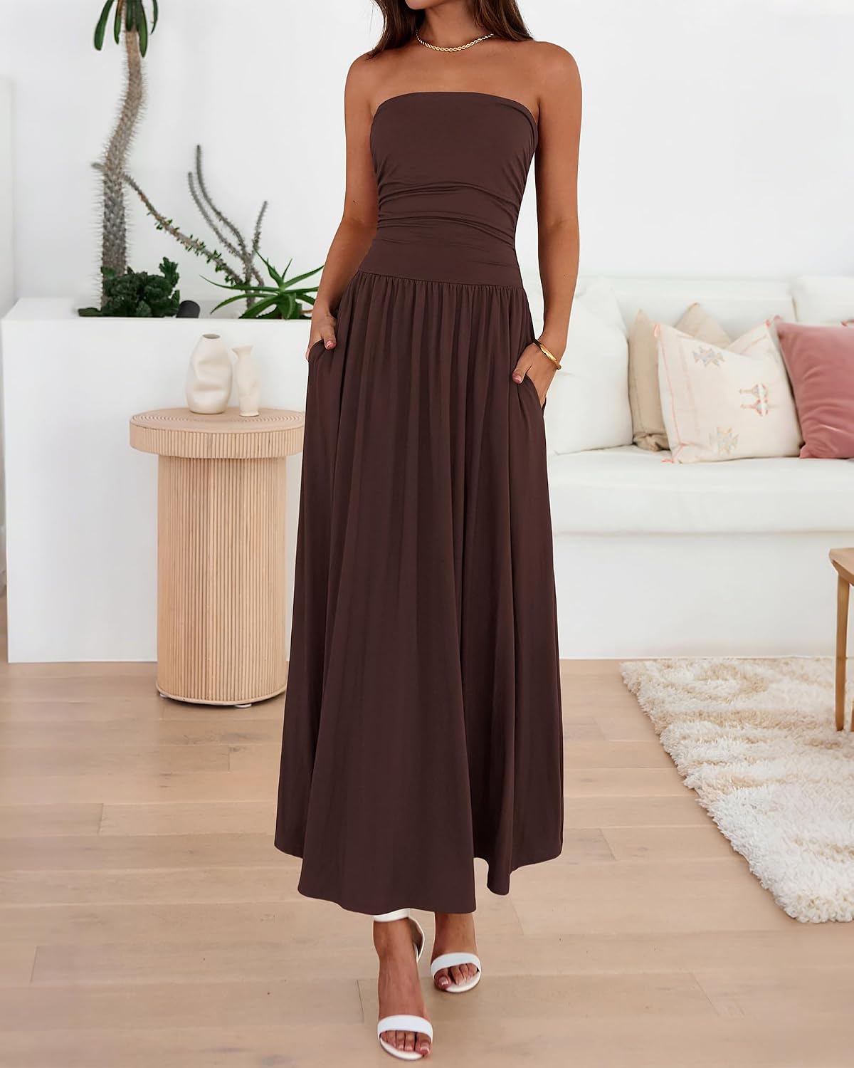 Summer Maxi Dresses for Women Strapless Tube Top Dress | Sleeveless Ruched A Line Dresses Pockets, 2026 Trendy, Flowy Long Sundress, Beach Vacation Cocktail Party Wedding Guest Dress