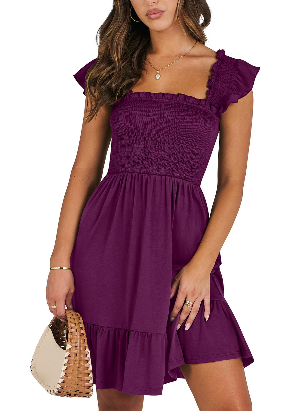 Women's Summer Casual Sleeveless Square Neck Dress 2026 Smocked Ruffle Backless Boho Beach Cute Teen Short Sundress