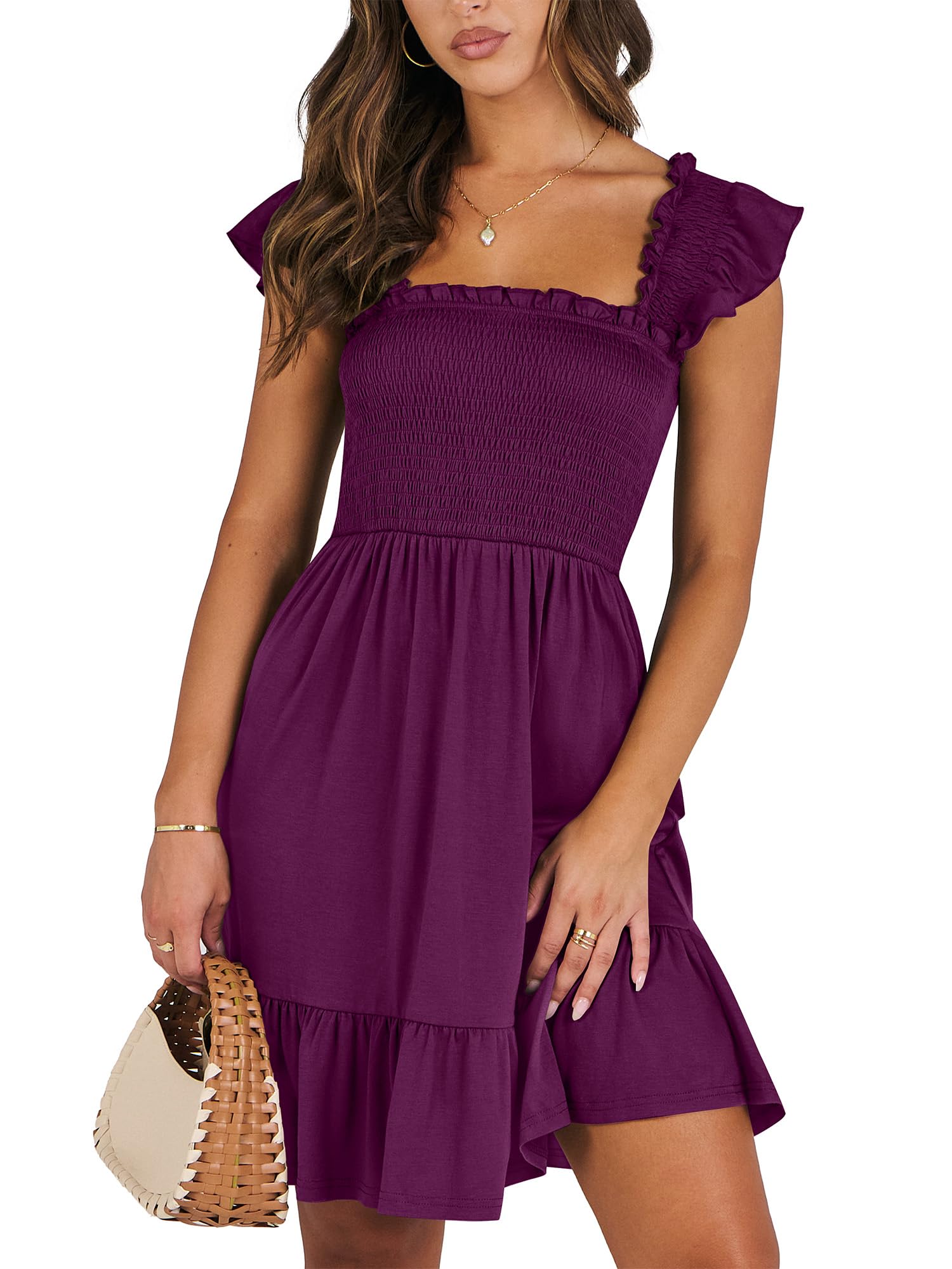 Women's Summer Casual Sleeveless Square Neck Dress 2026 Smocked Ruffle Backless Boho Beach Cute Teen Short Sundress