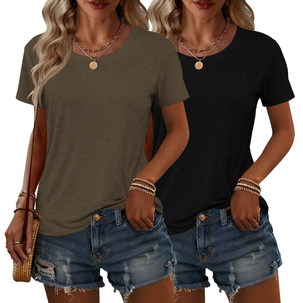 2PCS Women Short Sleeve T Shirts Crew Neck Solid Soft Basic Tee Casual Loose Fit Lightweight Summer Tops Clothes 2026