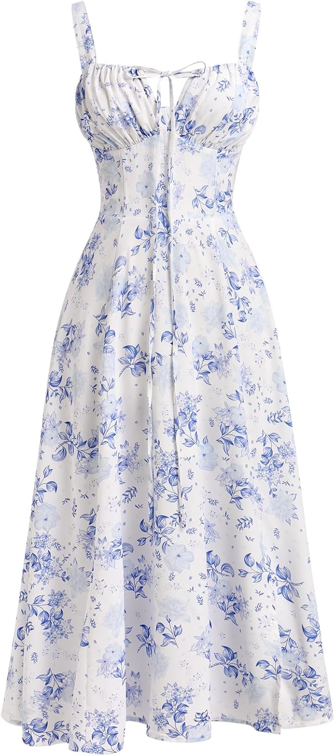 Women Floral Corset Dress Summer Dress 2026 Boho Flowy Slit Lace Up Midi Dresses Going Out A Line Casual Sundress