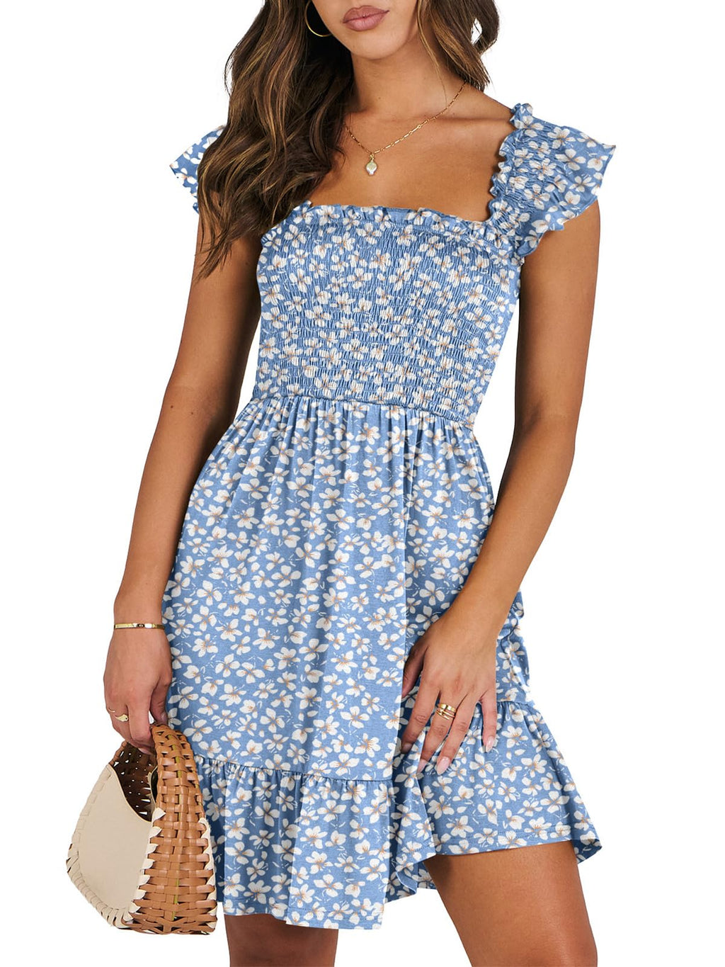 Women's Summer Casual Sleeveless Square Neck Dress 2026 Smocked Ruffle Backless Boho Beach Cute Teen Short Sundress