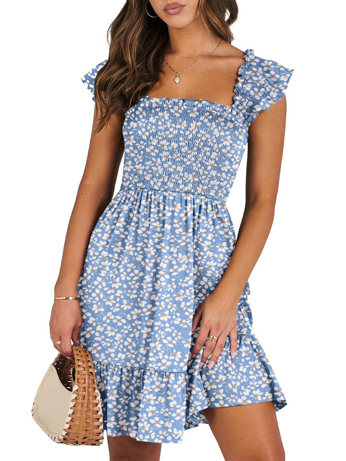 Women's Summer Casual Sleeveless Square Neck Dress 2026 Smocked Ruffle Backless Boho Beach Cute Teen Short Sundress