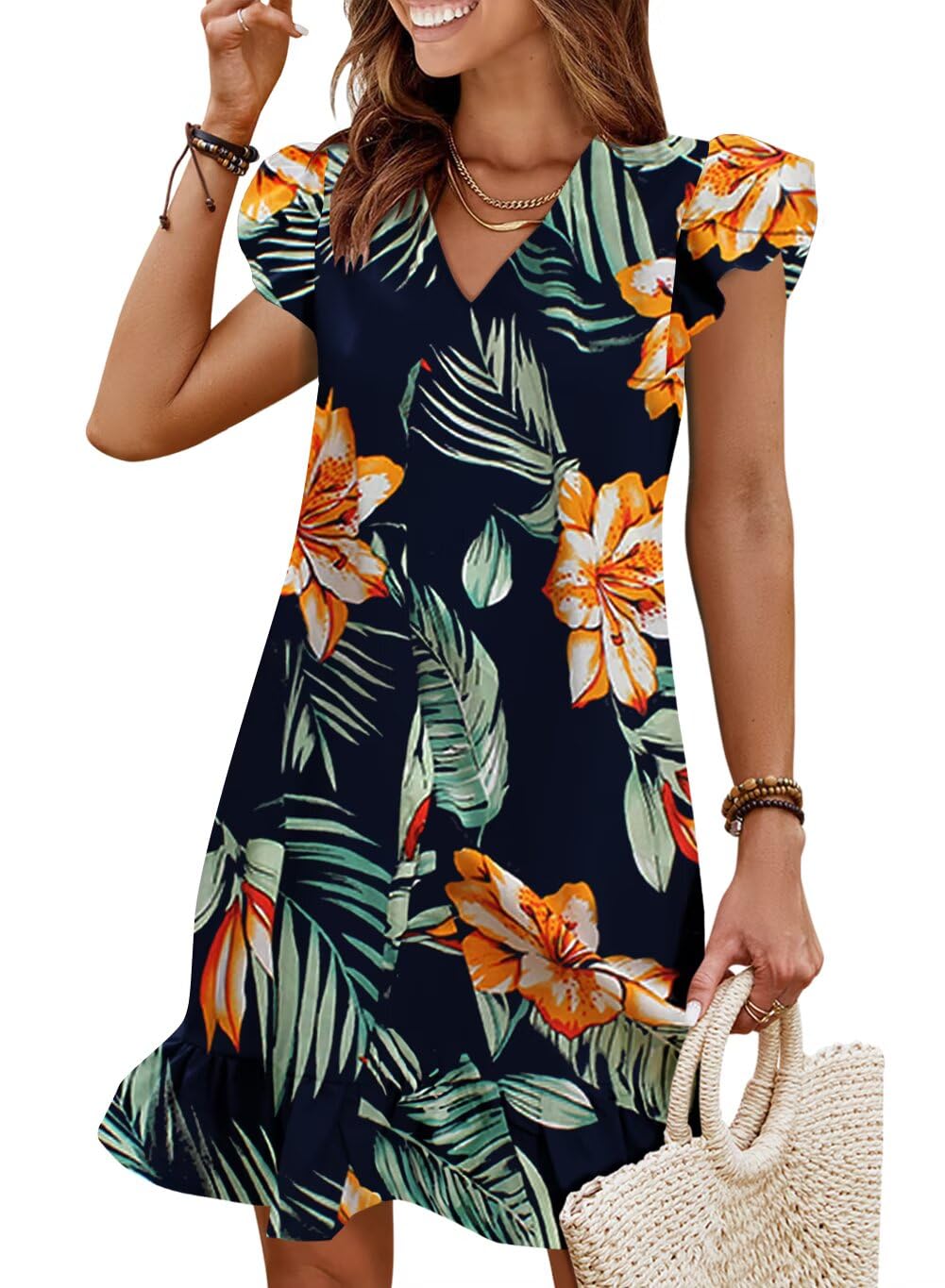 Summer Dresses for Women 2026 Beach Vacation Mini Sundress | Flutter Ruffle Cap Sleeves, V Neck, Ruffle Hem Shift Dress, Casual Loose Fit, Spring Wedding Guest Outfits