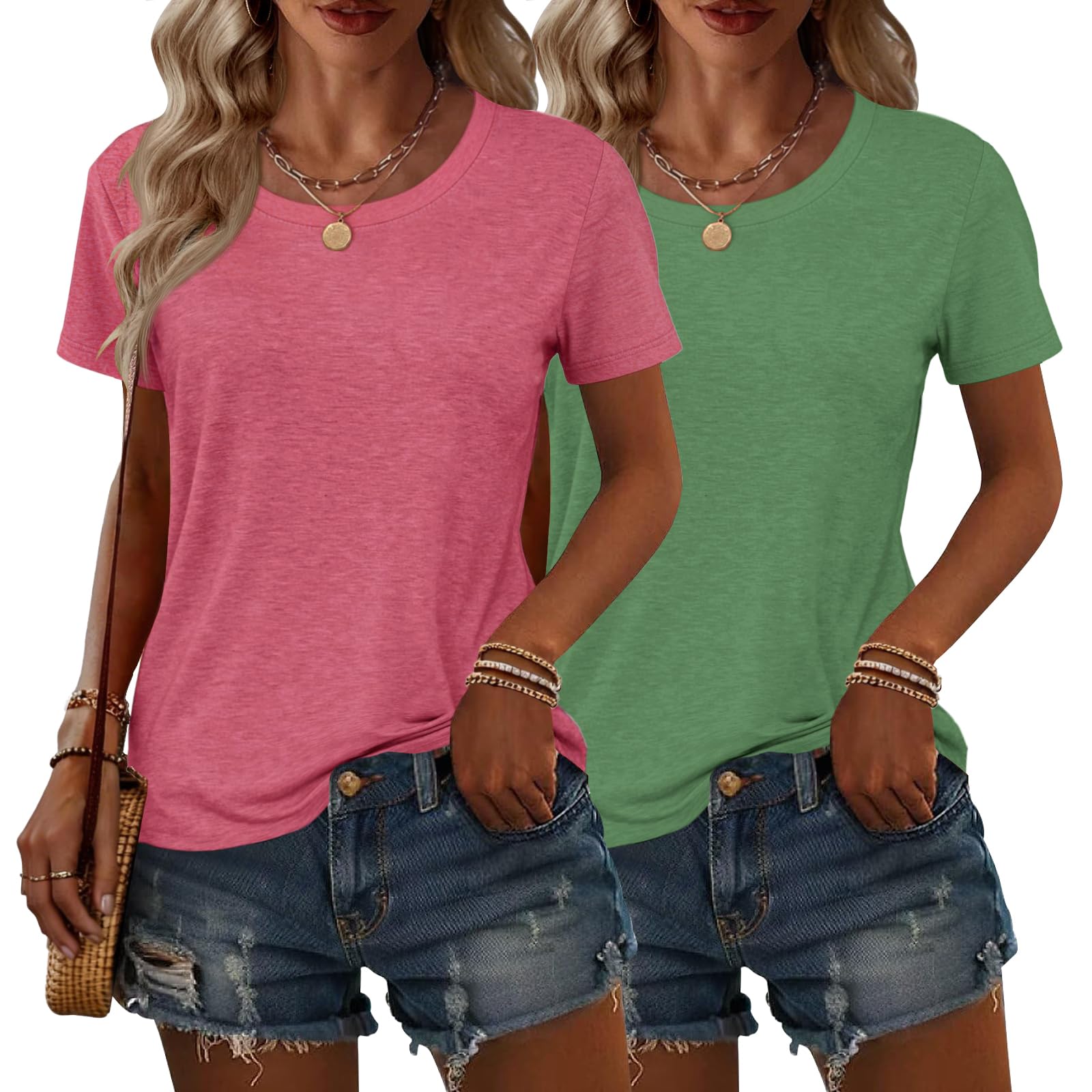 2PCS Women Short Sleeve T Shirts Crew Neck Solid Soft Basic Tee Casual Loose Fit Lightweight Summer Tops Clothes 2026