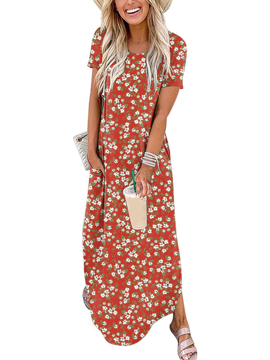 Womens Summer Maxi Dress Short Sleeve Casual Loose Long T Shirt Dresses Split Vacation Beach Sundress Travel Outfits