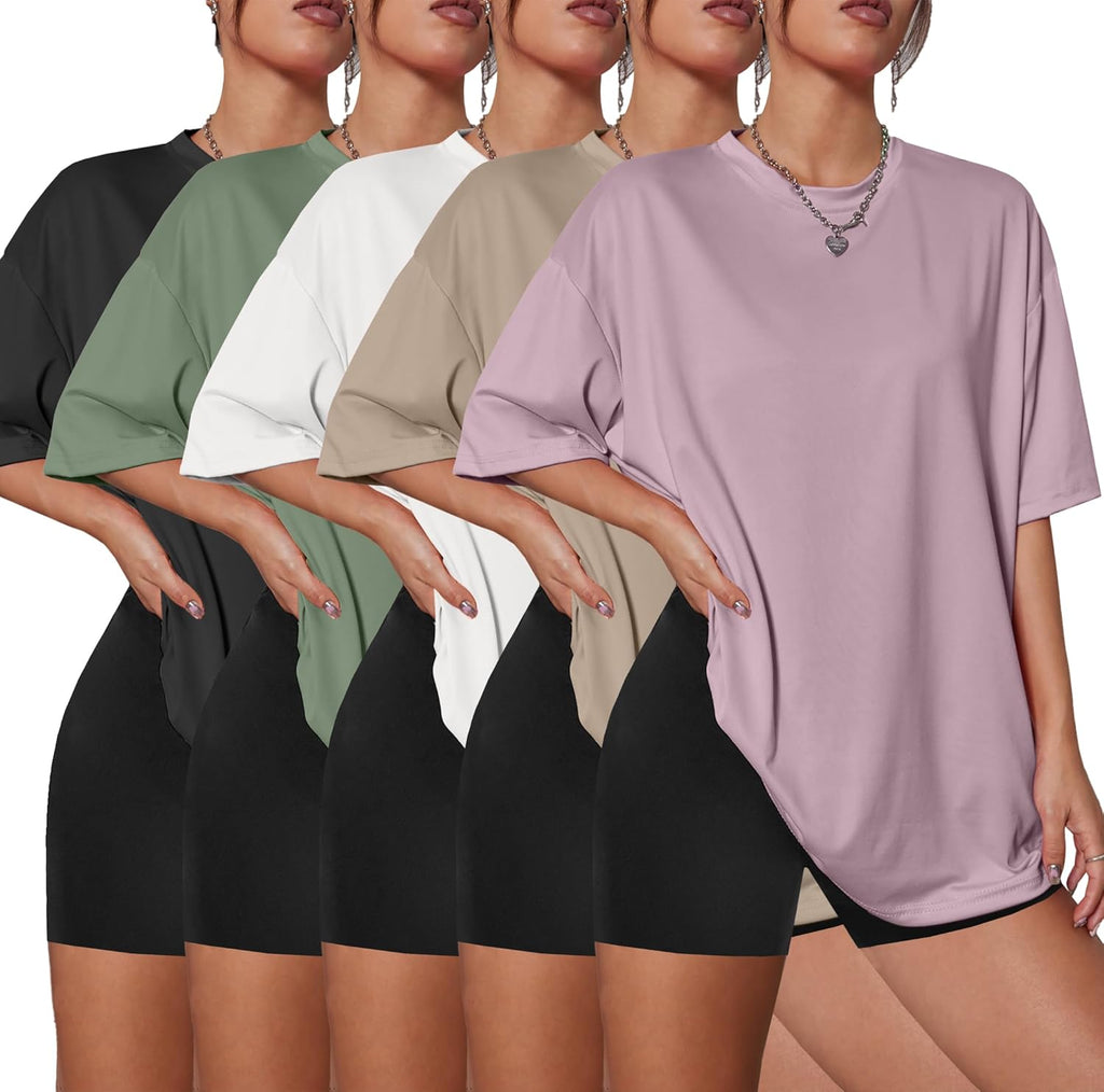 5 Pack Womens Oversized T Shirts Workout Short Sleeve Summer Tops | Loose fit plus size crew neck tee, Baggy, Casual daily summer wear