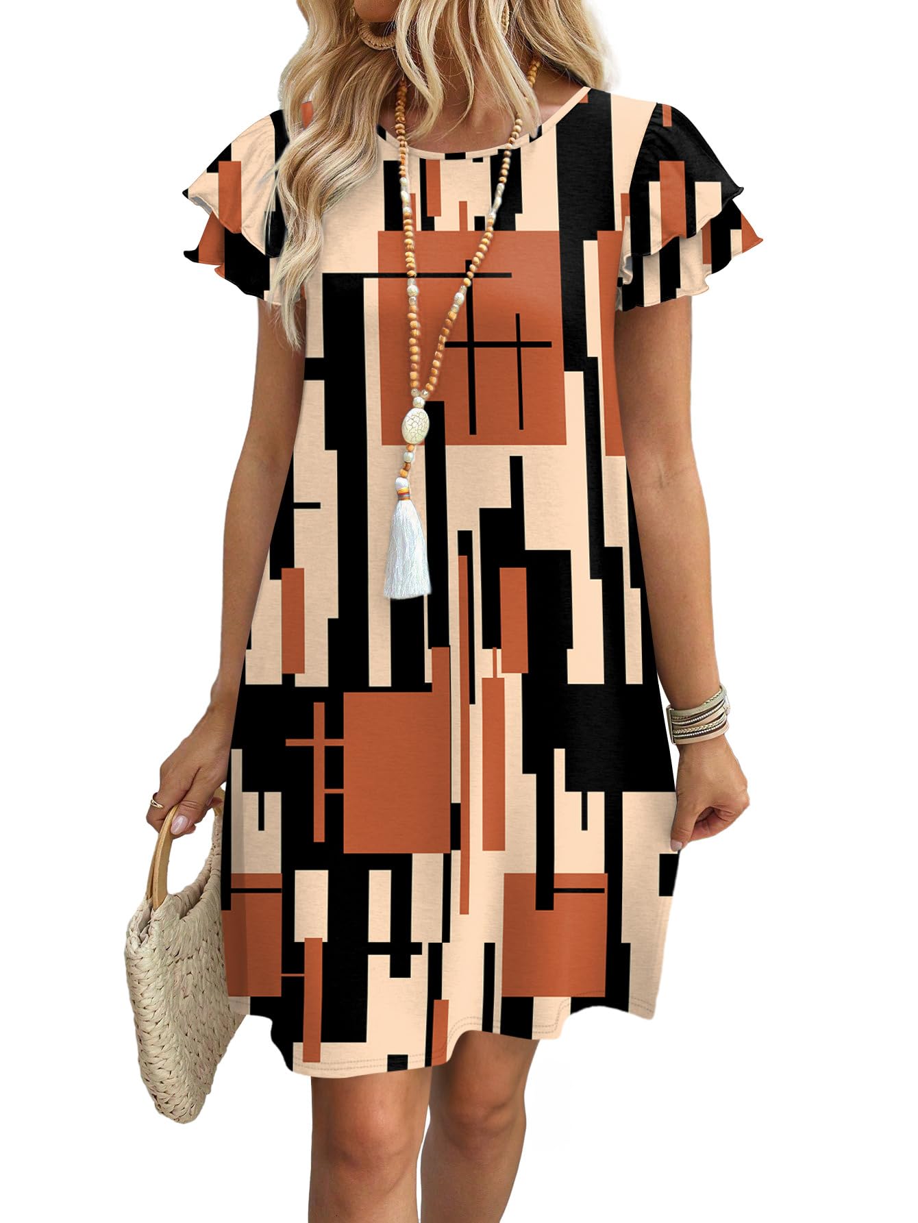 Womens Summer Dresses 2026 Ruffle Sleeve Round Neck Loose Swing Sundresses with Pockets Plain/Print
