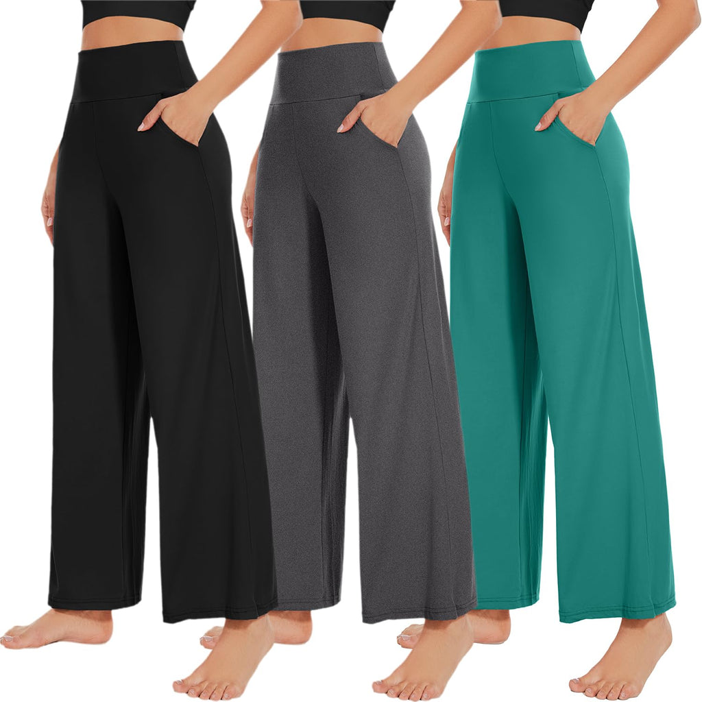 NEW Young 3 Pack Women's Wide Leg Pants with Pockets High Waist Loose Sweatpants Casual Lounge Yoga Workout Palazzo