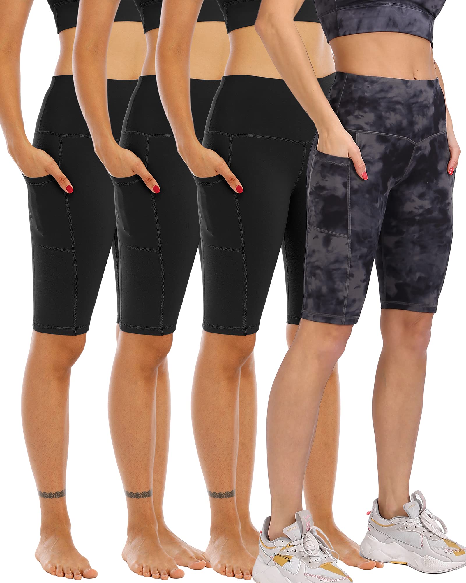 4 Pack Biker Yoga Shorts with Pockets for Women,High Waisted Athletic Running Workout Gym Shorts Tummy Control