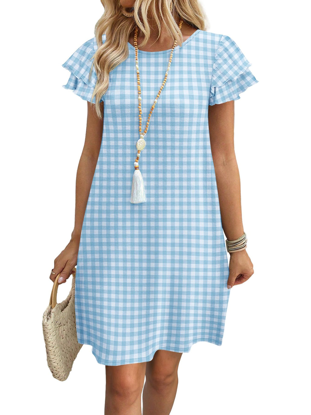 Womens Summer Dresses 2026 Ruffle Sleeve Round Neck Loose Swing Sundresses with Pockets Plain/Print