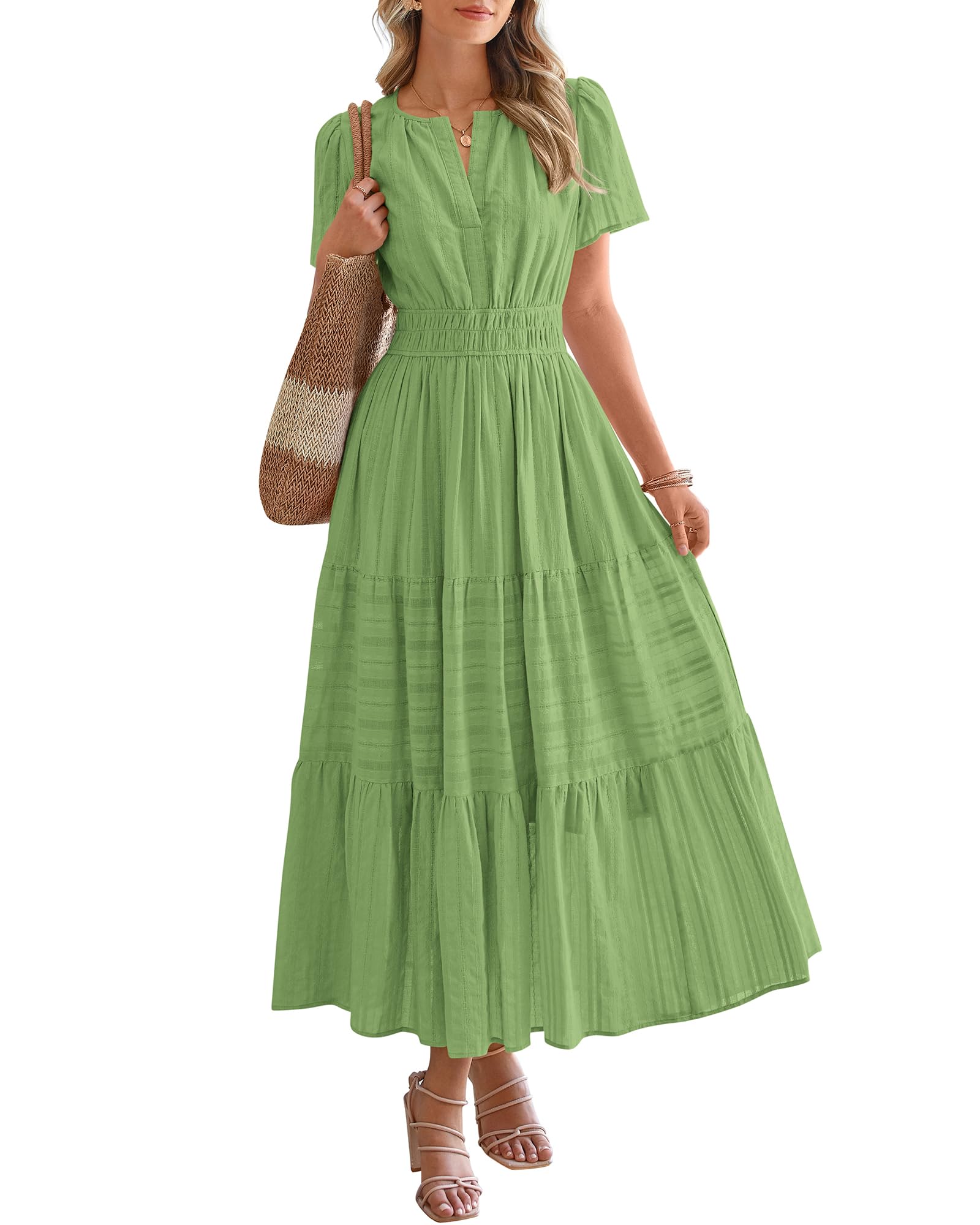 Womens Summer 2026 Casual Maxi Dresses | Lightweight Short Sleeve V Neck,Elastic Waist A Line Long Dress,Boho Beach Dress Pockets,Vacation Outfits,Fashion Clothing