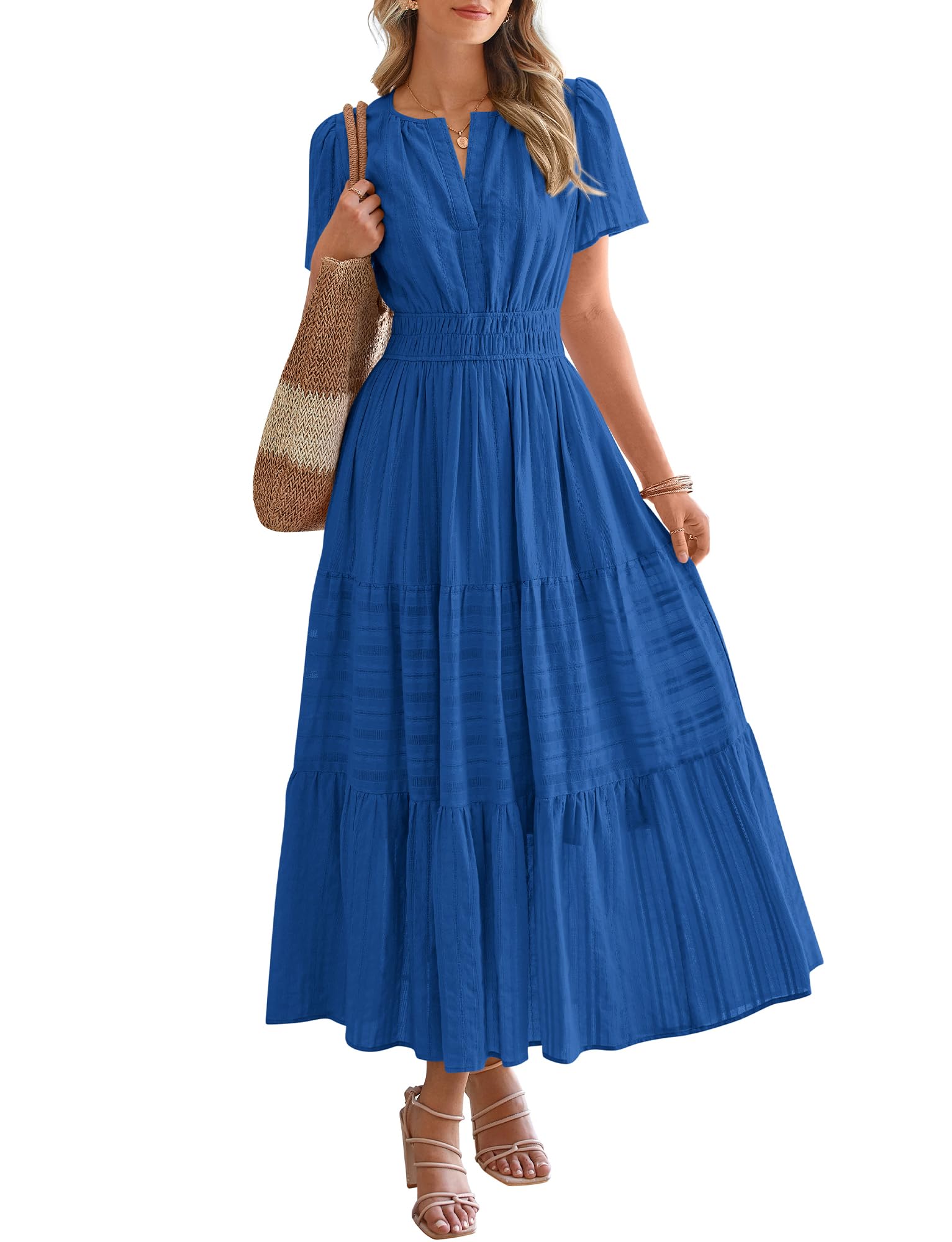 Womens Summer 2026 Casual Maxi Dresses | Lightweight Short Sleeve V Neck,Elastic Waist A Line Long Dress,Boho Beach Dress Pockets,Vacation Outfits,Fashion Clothing