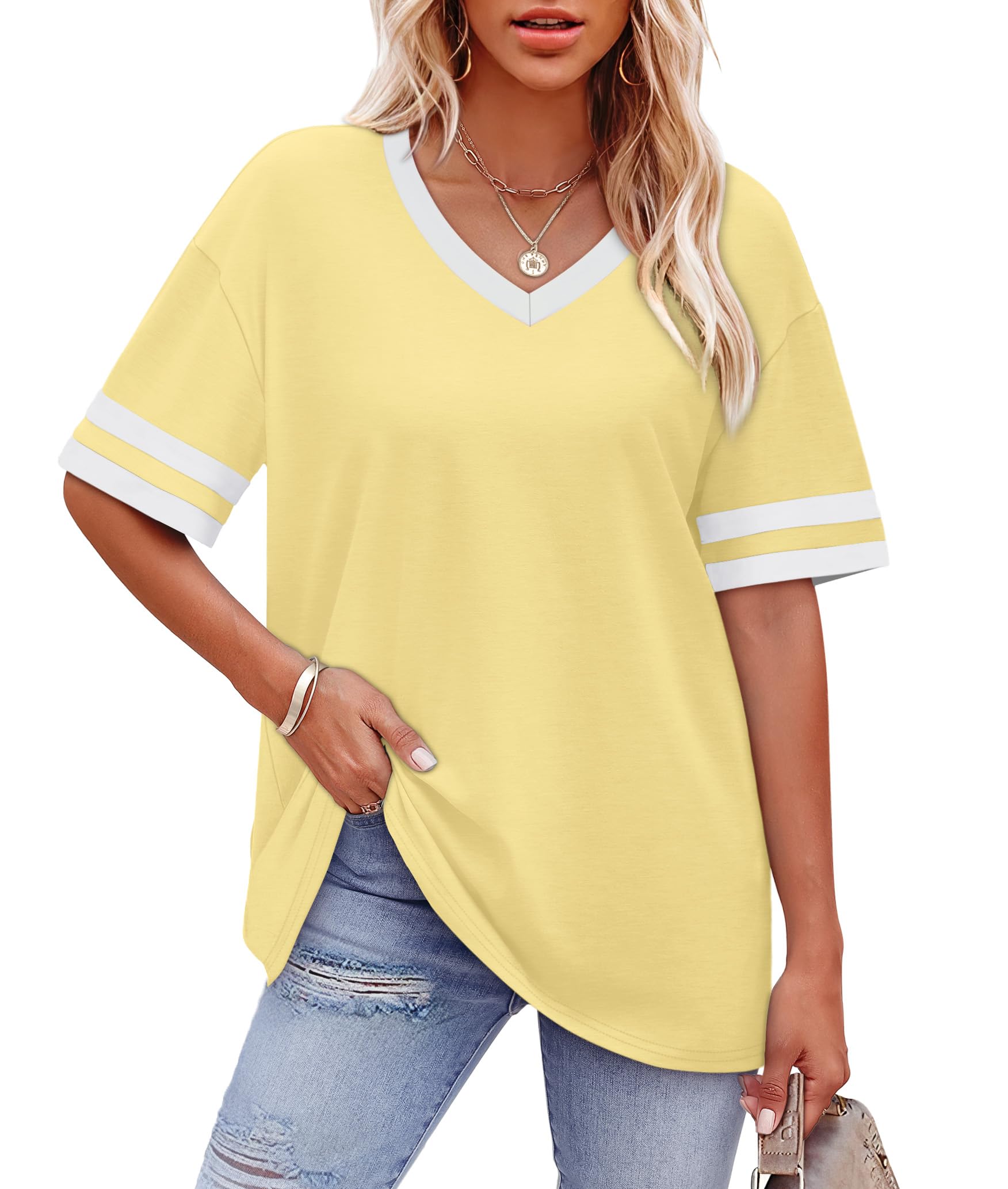 Womens T Shirts Loose Fit Short Sleeve Tees V Neck Color Block Summer Tops 2026 Fashion S-4XL
