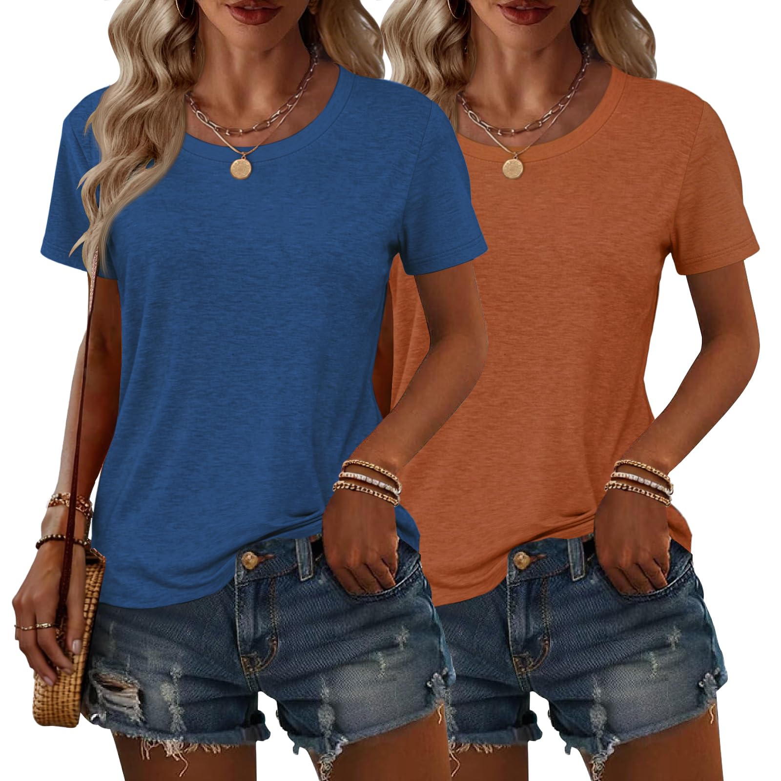 2PCS Women Short Sleeve T Shirts Crew Neck Solid Soft Basic Tee Casual Loose Fit Lightweight Summer Tops Clothes 2026