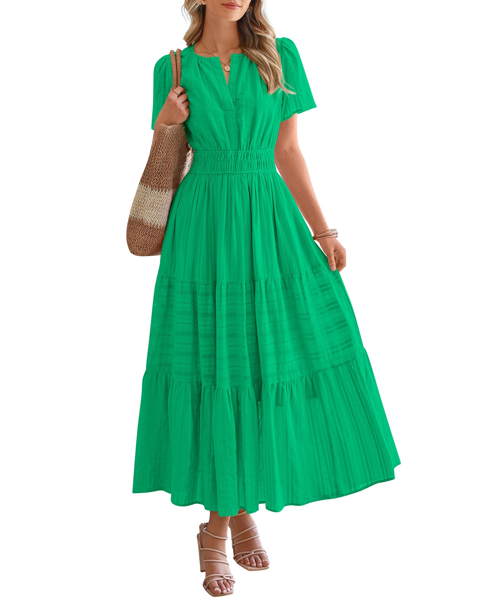 Womens Summer 2026 Casual Maxi Dresses | Lightweight Short Sleeve V Neck,Elastic Waist A Line Long Dress,Boho Beach Dress Pockets,Vacation Outfits,Fashion Clothing