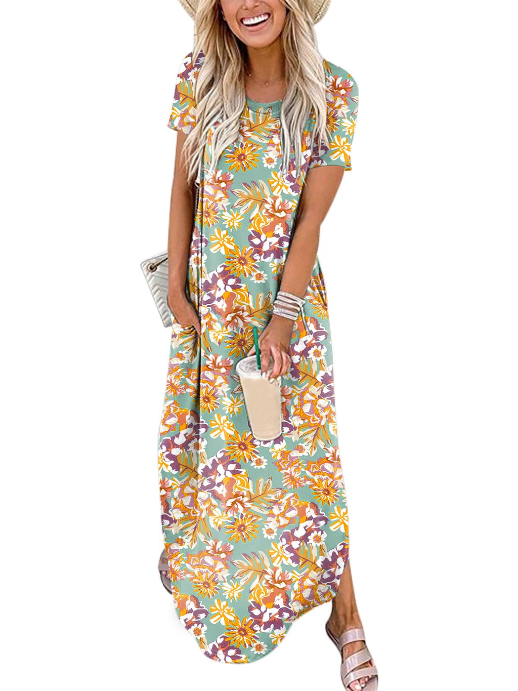 Womens Summer Maxi Dress Short Sleeve Casual Loose Long T Shirt Dresses Split Vacation Beach Sundress Travel Outfits